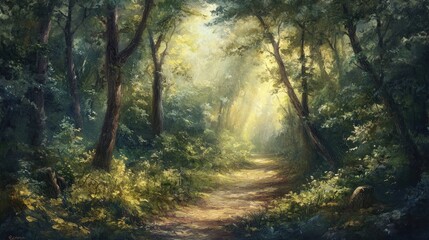 Obraz premium Painting of a dense forest with a winding path, sunlight filtering through the trees. Perfect for nature-inspired wallpaper or wall pictures.