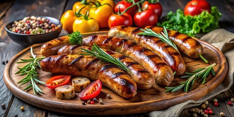 Grilled sausage with herbs and vegetables on rustic dark background for food photography, BBQ restaurant menu, savory meal, cooking blog, culinary concept