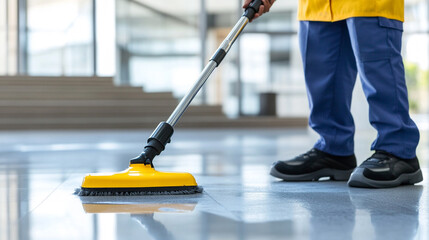 close up of janitor cleaning an office building after hours, maintenance service