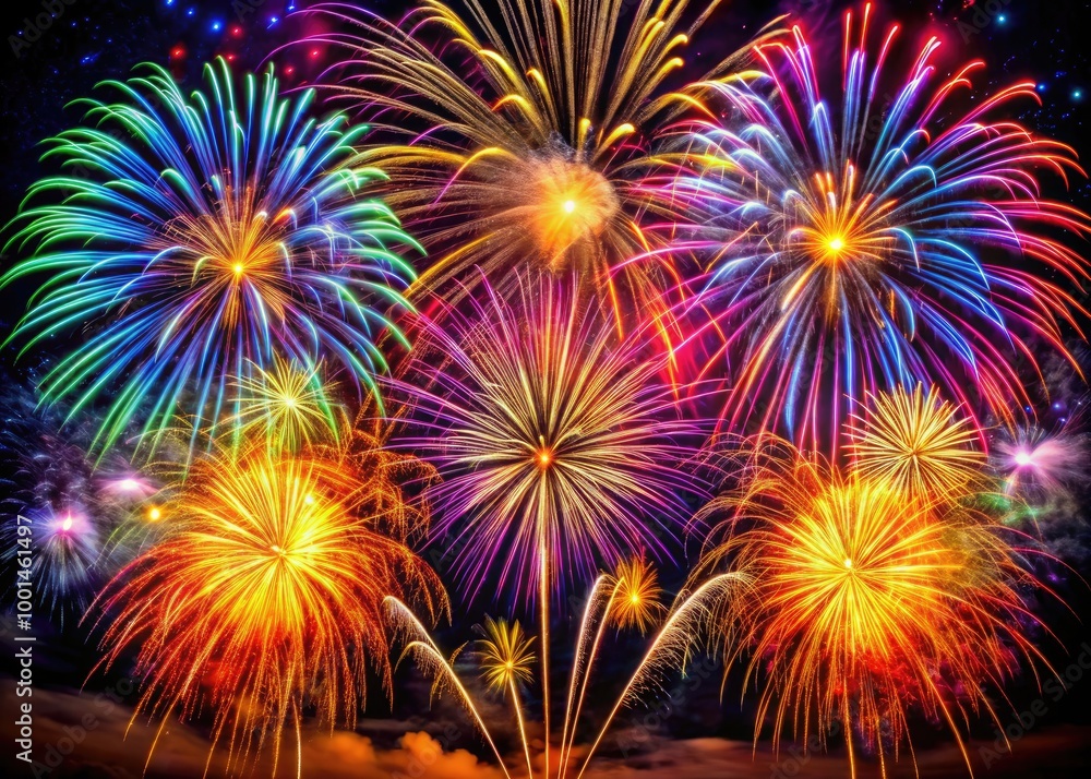 Poster colorful firework animation displaying vibrant patterns and dynamic explosions against a dark sky