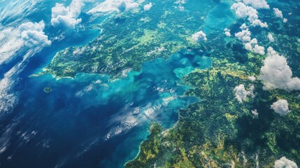 A close-up of Earth tropical regions, with lush green forests and clear blue seas visible beneath the white clouds