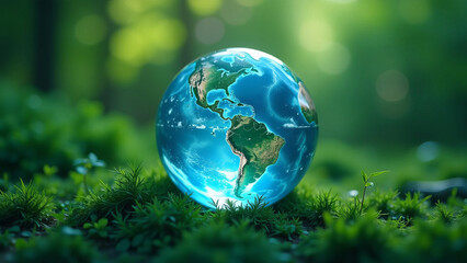 Blue glowing glass planet earth on green natural background, backlight, ecology concept