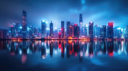 Fototapeta premium Panoramic shot of a modern city skyline at night, with bright lights from the skyscrapers mirrored in the water, highlighting the city's dynamic and vibrant atmosphere