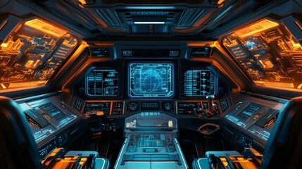 Obraz premium High-tech spaceship interior with glowing control panels, holographic displays, and futuristic seats for the crew