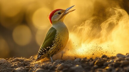 Adult male Green woodpecker on the trunk of a beech tree within a Euro-Siberian forest of oaks and oaks with the last light of the day