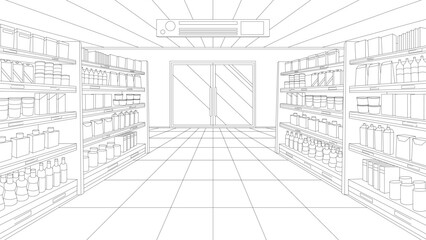 Vector illustration of a perspective sketch of modern empty supermarket interior with organized shelves and clear aisles. Represents retail space, shopping, or store layout in commercial environments.