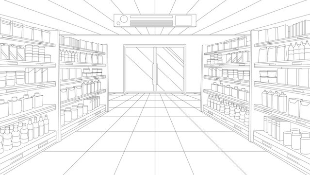 Vector illustration of a perspective sketch of modern empty supermarket interior with organized shelves and clear aisles. Represents retail space, shopping, or store layout in commercial environments.