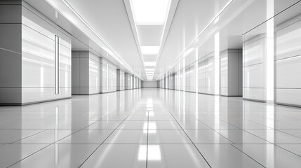 Perspective view of an empty monochromatic space with reflective ceramic tile flooring, strip lighting on the ceiling, and clean, sharp lines.