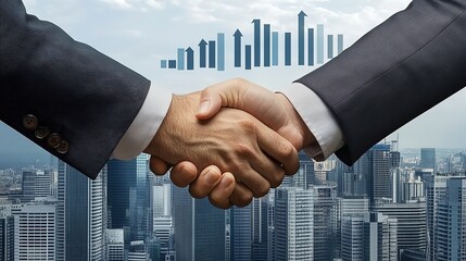 Successful business merger handshake with upward graphs symbolizing growth and teamwork in a corporate cityscape
