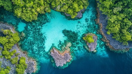 Stunning aerial view of a crystal-clear tropical lagoon with vibrant colors and coral reefs