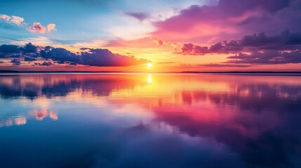 Obraz premium Stunning sunset over a calm lake with vibrant colors reflected on the water's surface
