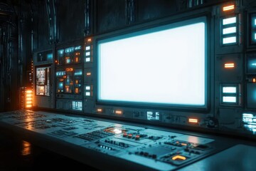 The monitor is empty, and the room is dimly lit