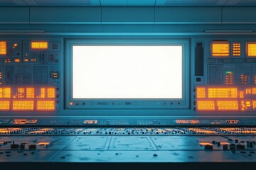 The monitor is empty, and the room is dimly lit