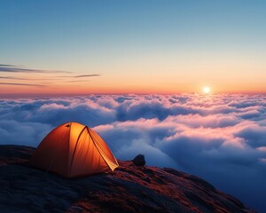 Tent on a mountain edge, overlooking a sea of clouds, peaceful and serene