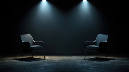 Podcast studio setup with two chairs facing each other, illuminated by spotlights, on a dark backdrop, ideal for interviews and media discussions