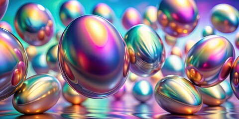 Colorful metallic eggs floating in abstract pastel background creating futuristic visual experience