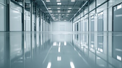 Production workshop featuring a fresh epoxy resin floor, reflecting bright overhead lights. Spacious and clean environment, ready for operations.