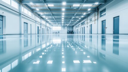 Fototapeta premium Production workshop featuring a fresh epoxy resin floor, reflecting bright overhead lights. Spacious and clean environment, ready for operations.