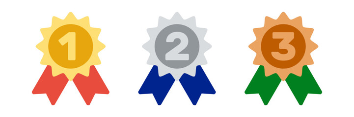 1st golden red, 2nd silver blue, 3rd bronze green, first second third place awards, flat solid vector set