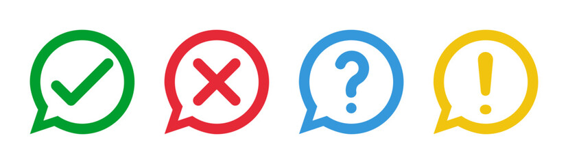 Obraz premium green check and red cross symbols, blue question mark and yellow exclamation point, round speech bubble thin line vector icons set