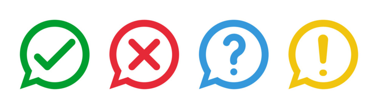 green check and red cross symbols, blue question mark and yellow exclamation point, round speech bubble thin line vector icons set
