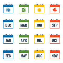 month name in calendar, colorful flat style vector illustration, four seasons 4 colors, blue winter snowflake, green spring flower, yellow summer sun, red orange autumn leaf