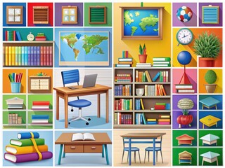 Fototapeta premium Colorful High School Clipart Collection Featuring Books, Desks, and Educational Icons for Students