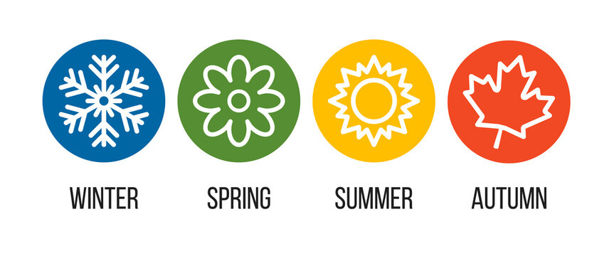 four seasons round vector icons set, blue winter snowflake, green spring flower, yellow summer sun, red orange autumn leaf