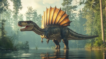 Realistic portrayal of a Spinosaurus standing in a river, its large sail visible, evoking the dangerous and powerful nature of this species.