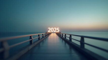 Obraz premium Glowing 2025 on a pier at sunset