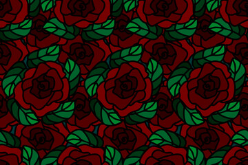 Beautiful red rose with green leaves,  romantic,  lovely,  beautiful colors. Seamless vector pattern for design and decoration. 