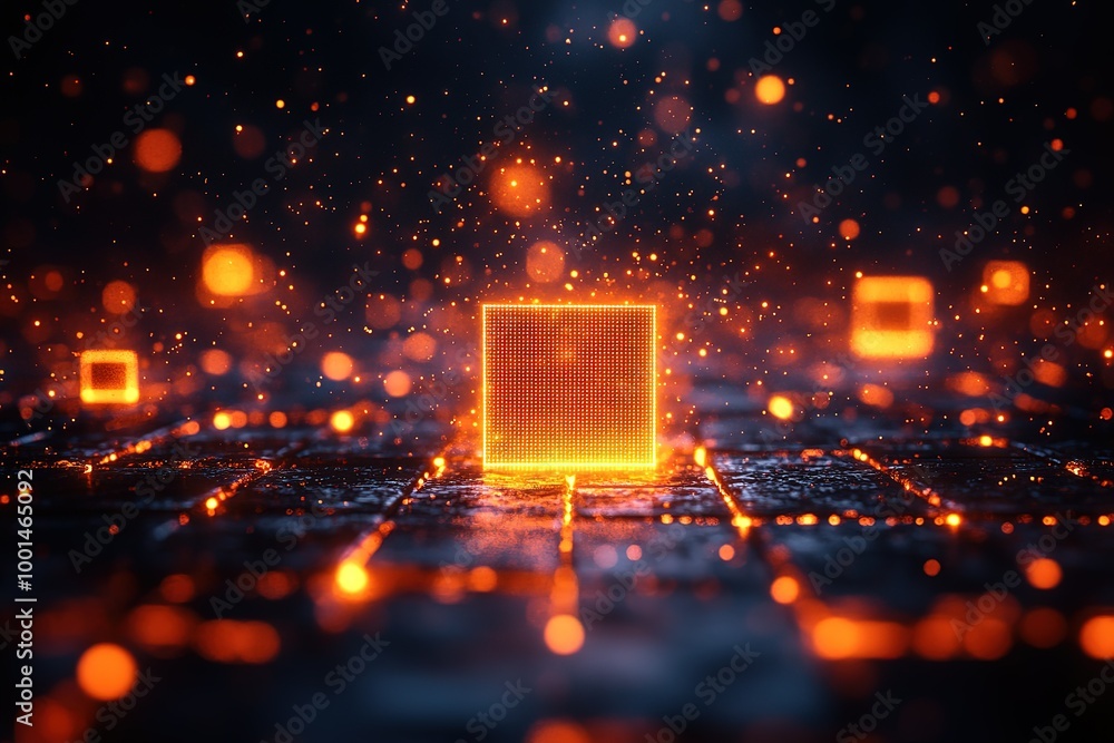 Poster a computer chip is lit up in a dark background