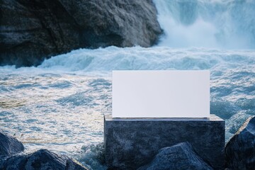 A white sign is placed on a cement block in front of a waterfall