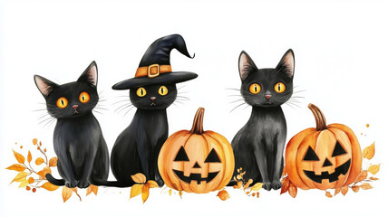 Watercolor depiction of three black cats sitting near halloween jack o lantern pumpkins