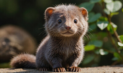 A young ferret sits on a rock, looking directly at the camera