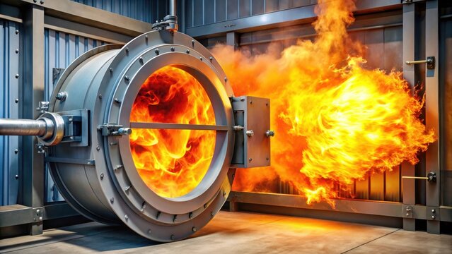 Close up shot of explosion proof motorized fire damper for industrial safety concept