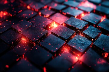 A close up of a black and red patterned surface with a lot of red sparks