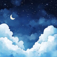 Watercolor illustration cartoon style white clouds in the night sky Generative AI