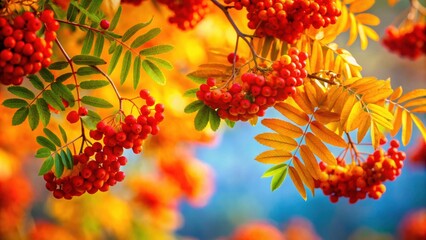 Vibrant autumn colors of beautiful rowan tree branches in the fall season