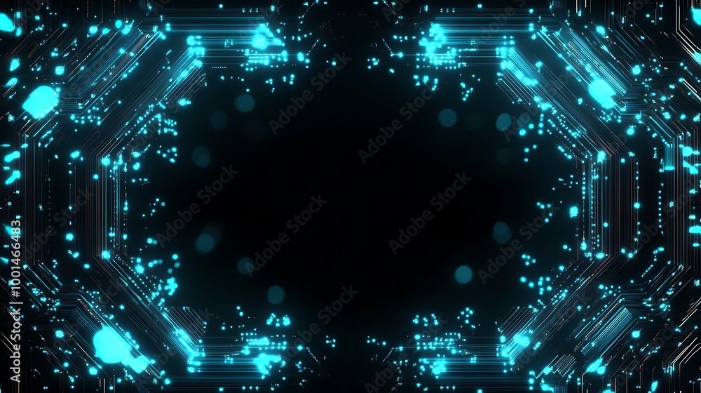 Poster Abstract blue and black background with glowing lines and particles.