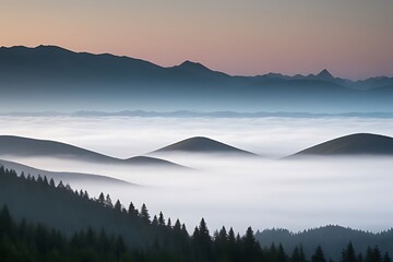 Obraz premium Distant mountain ranges veiled in low-hanging mist.