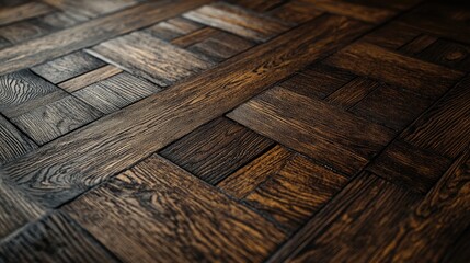 Seamless tamarind-colored oak parquet floor with natural wood grain and deep tones, creating a sophisticated and elegant look.