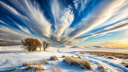 Breathtaking landscape featuring snow covered plains under vibrant sky with dramatic cloud formations. serene scene evokes sense of tranquility and wonder
