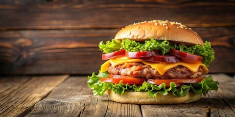 Delicious bacon turkey burger with cheese, lettuce, and tomato on wooden background