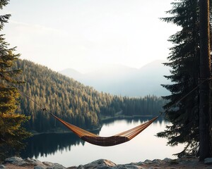 Fototapeta premium Hammock between pine trees on a mountain summit, overlooking a lake, calm and serene