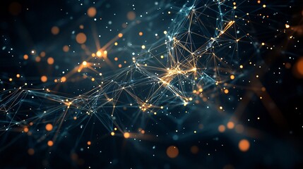 Abstract dark blue background with interconnected glowing orange and blue dots.