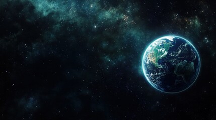 Obraz premium A distant view of Earth in space, its blue and green surface glowing brightly against the blackness of the universe