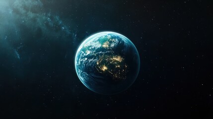 A distant view of Earth in space, its blue and green surface glowing brightly against the blackness of the universe