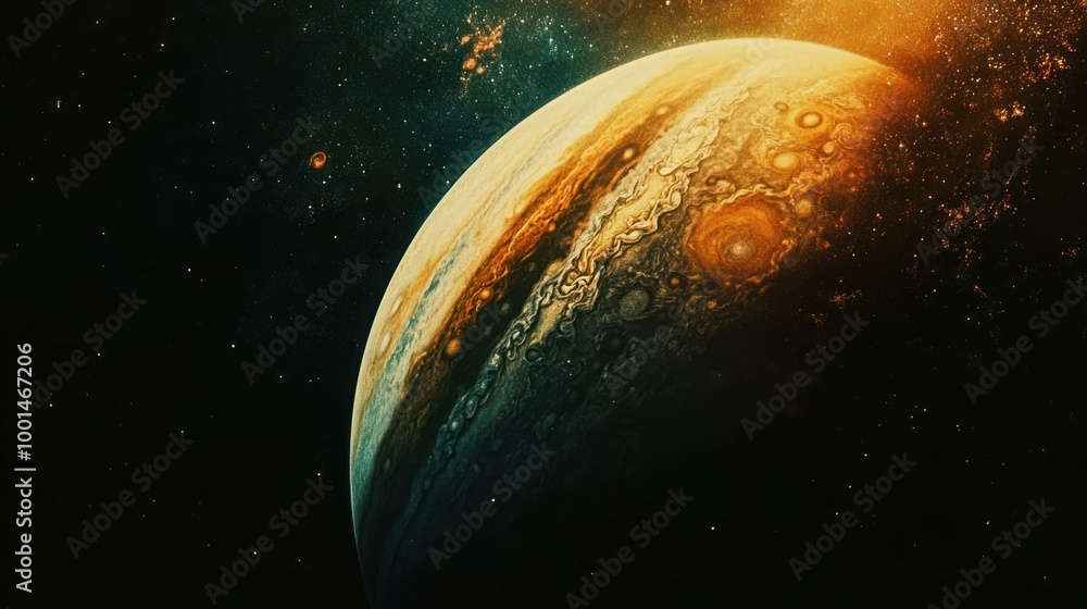 Wall mural a distant view of jupiter from space, its massive size and colorful atmosphere glowing against the b