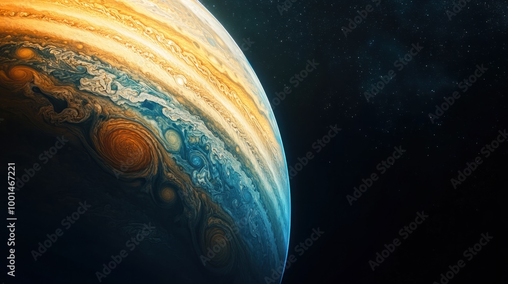 Wall mural a distant view of jupiter from space, its massive size and colorful atmosphere glowing against the b